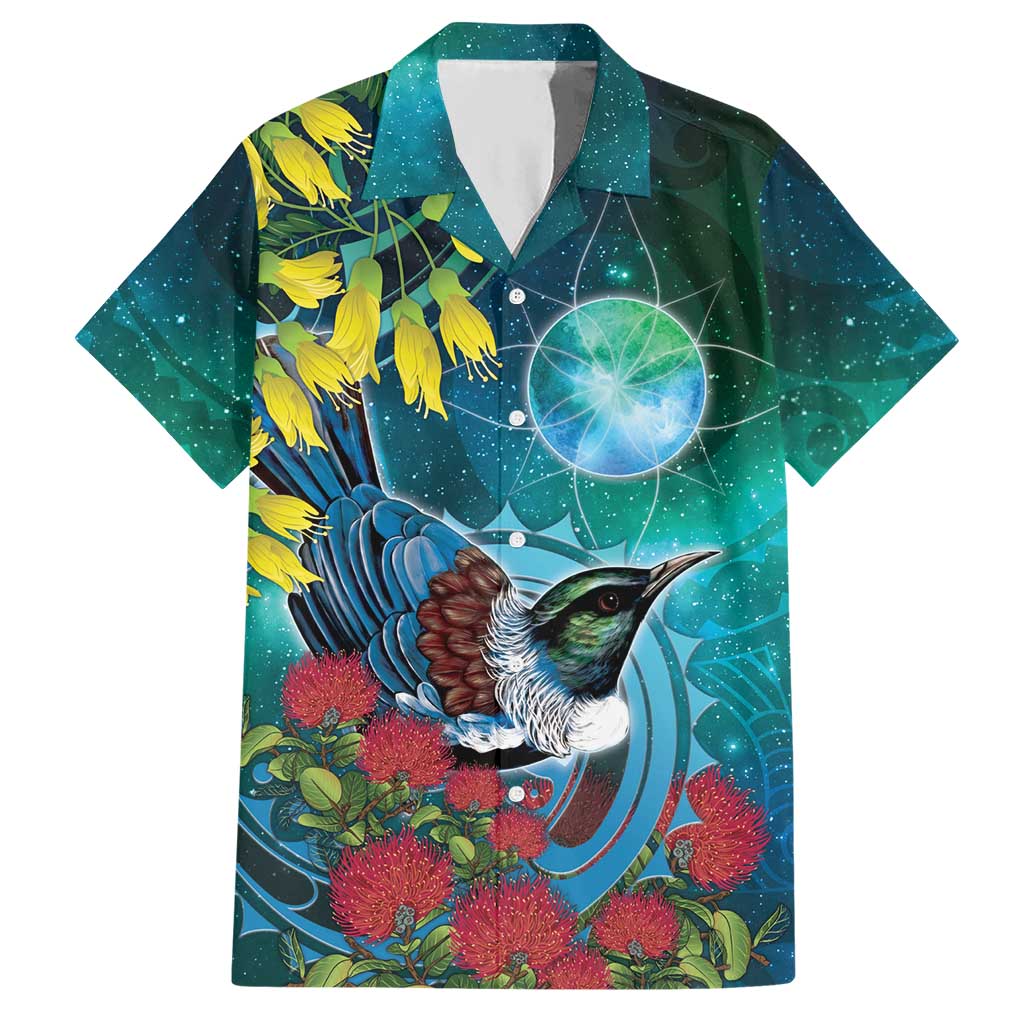 New Zealand Tui Bird Hawaiian Shirt Maori Koru With Pohutukawa Galaxy Style LT05 Blue - Polynesian Pride