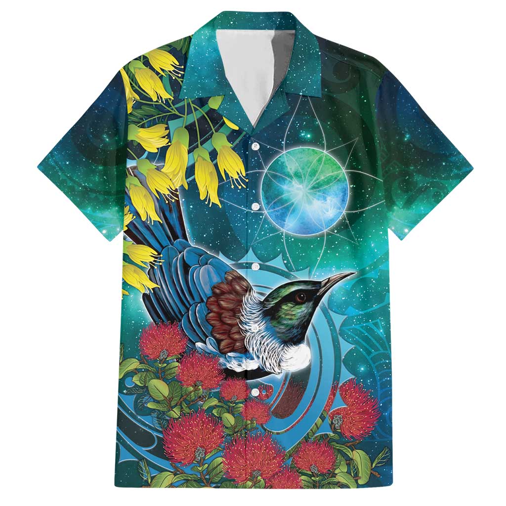 New Zealand Tui Bird Hawaiian Shirt Maori Koru With Pohutukawa Galaxy Style - Polynesian Pride