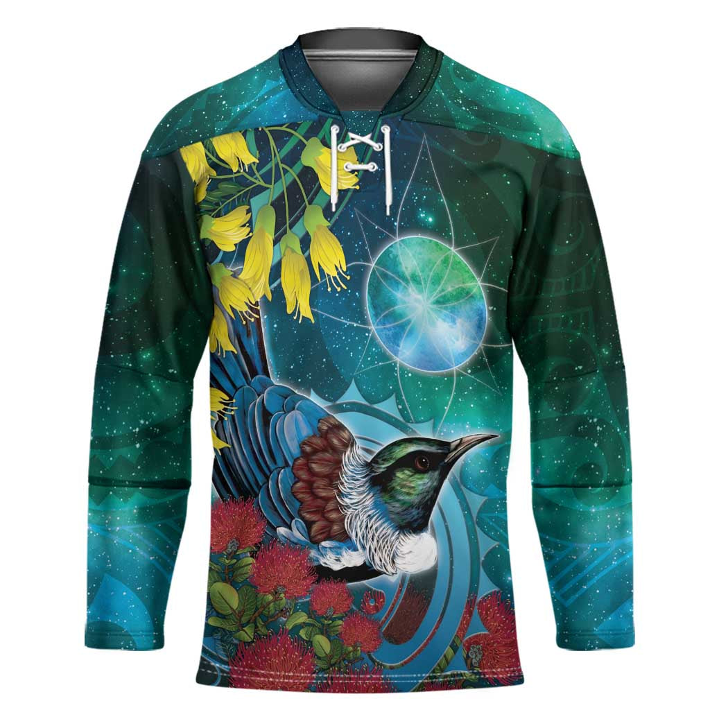 New Zealand Tui Bird Hockey Jersey Maori Koru With Pohutukawa Galaxy Style - Polynesian Pride