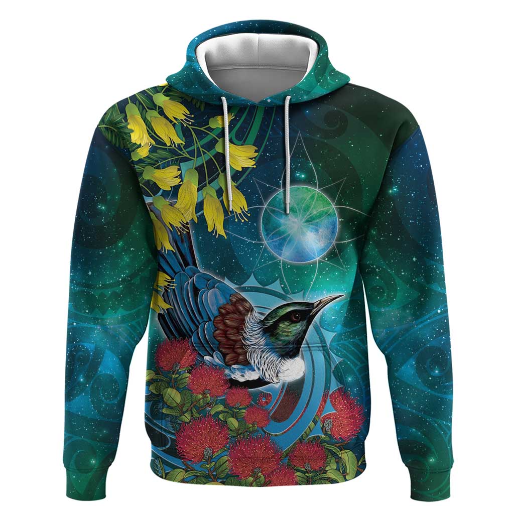 New Zealand Tui Bird Hoodie Maori Koru With Pohutukawa Galaxy Style LT05 Pullover Hoodie Blue - Polynesian Pride