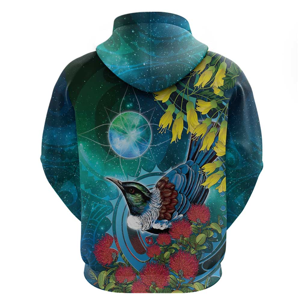 New Zealand Tui Bird Hoodie Maori Koru With Pohutukawa Galaxy Style LT05 - Polynesian Pride