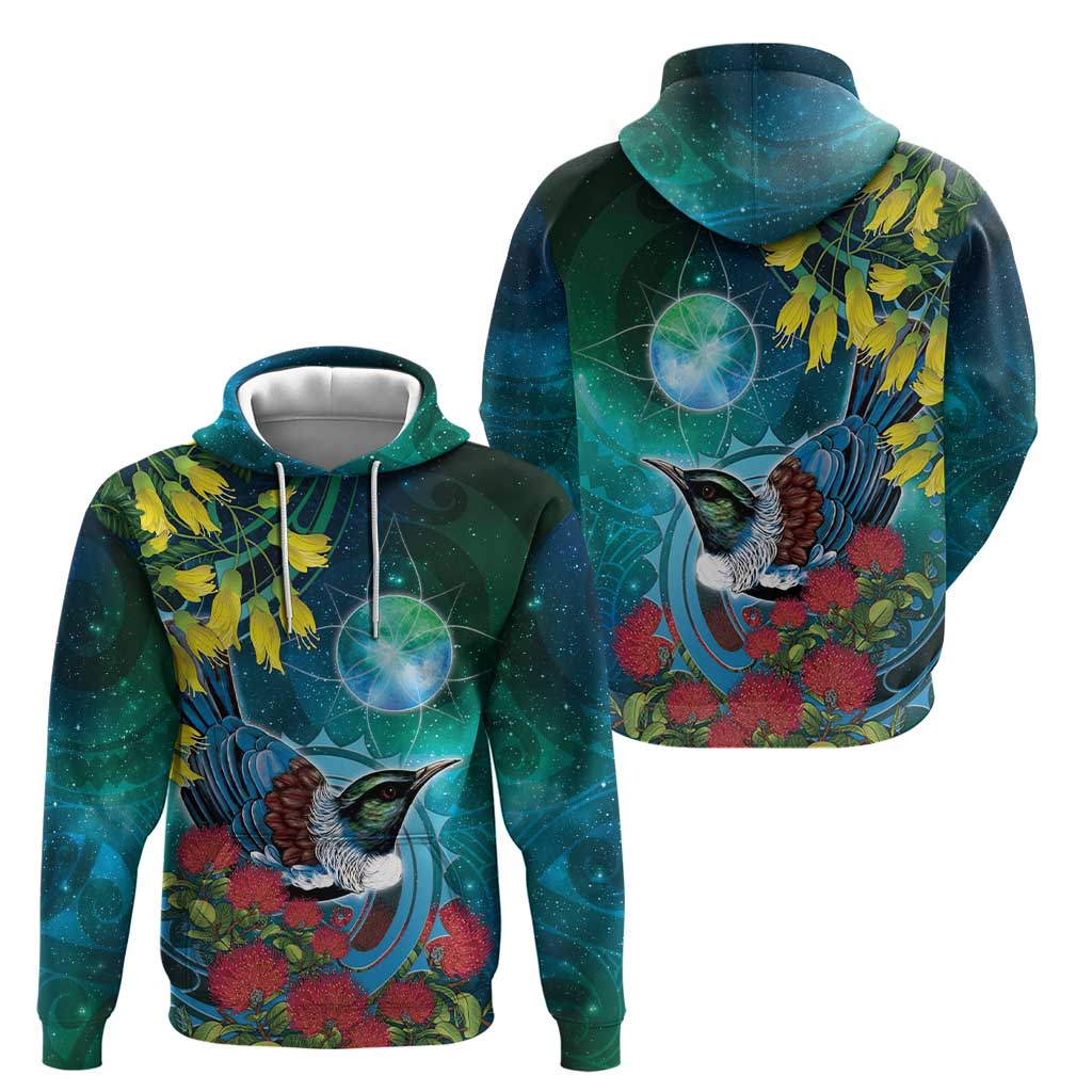 New Zealand Tui Bird Hoodie Maori Koru With Pohutukawa Galaxy Style LT05 - Polynesian Pride