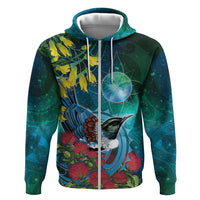 New Zealand Tui Bird Hoodie Maori Koru With Pohutukawa Galaxy Style LT05 Zip Hoodie Blue - Polynesian Pride