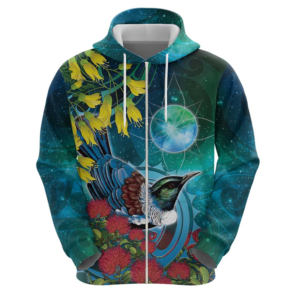 New Zealand Tui Bird Hoodie Maori Koru With Pohutukawa Galaxy Style LT05 - Polynesian Pride