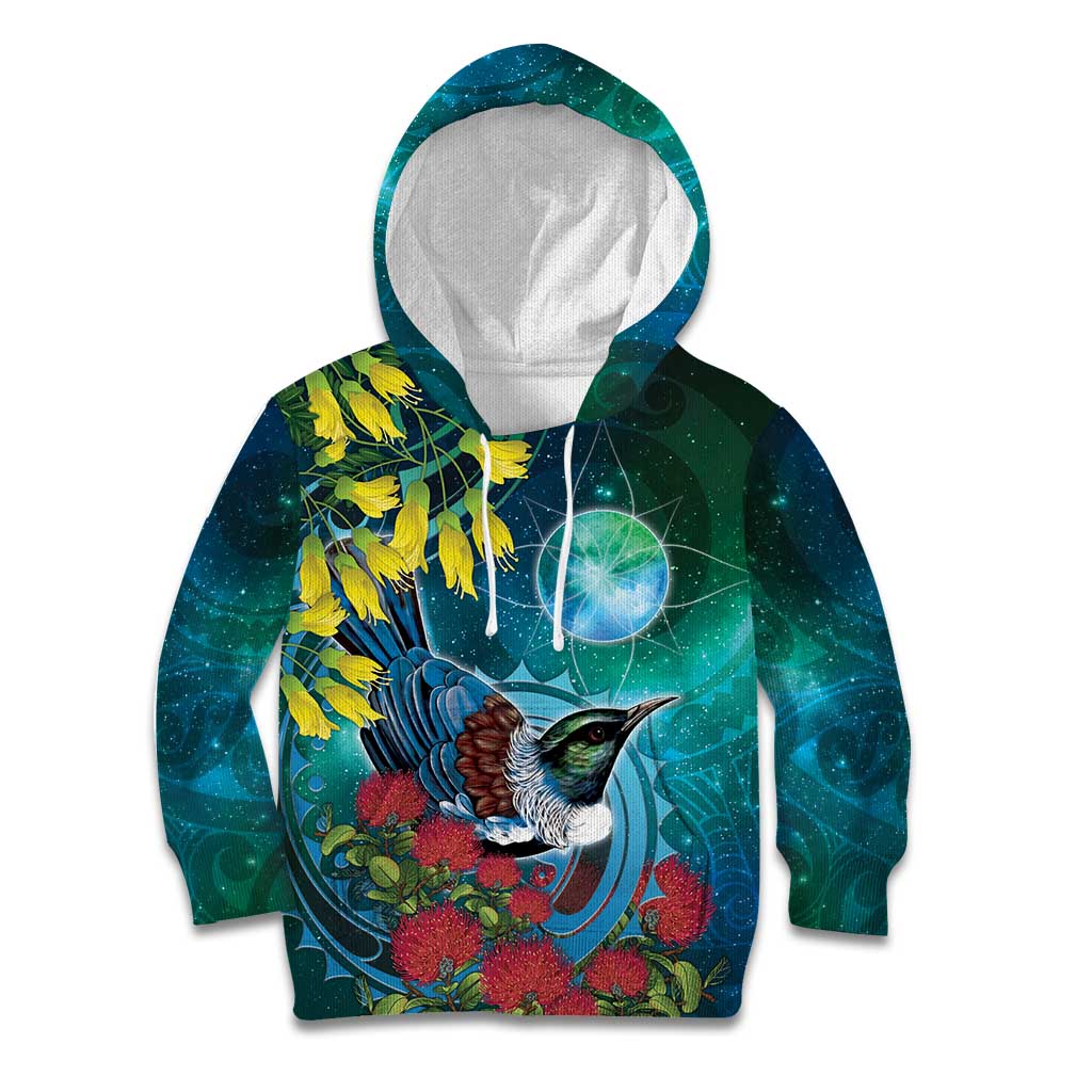 New Zealand Tui Bird Kid Hoodie Maori Koru With Pohutukawa Galaxy Style LT05 Hoodie Blue - Polynesian Pride