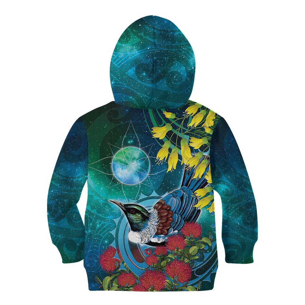 New Zealand Tui Bird Kid Hoodie Maori Koru With Pohutukawa Galaxy Style LT05 - Polynesian Pride