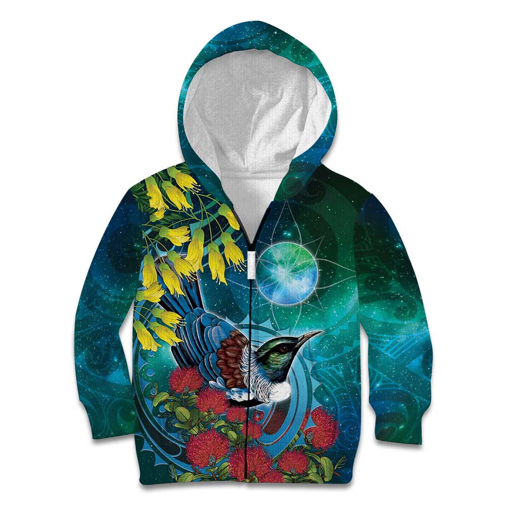 New Zealand Tui Bird Kid Hoodie Maori Koru With Pohutukawa Galaxy Style LT05 Zip Hoodie Blue - Polynesian Pride