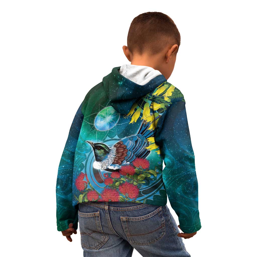 New Zealand Tui Bird Kid Hoodie Maori Koru With Pohutukawa Galaxy Style LT05 - Polynesian Pride
