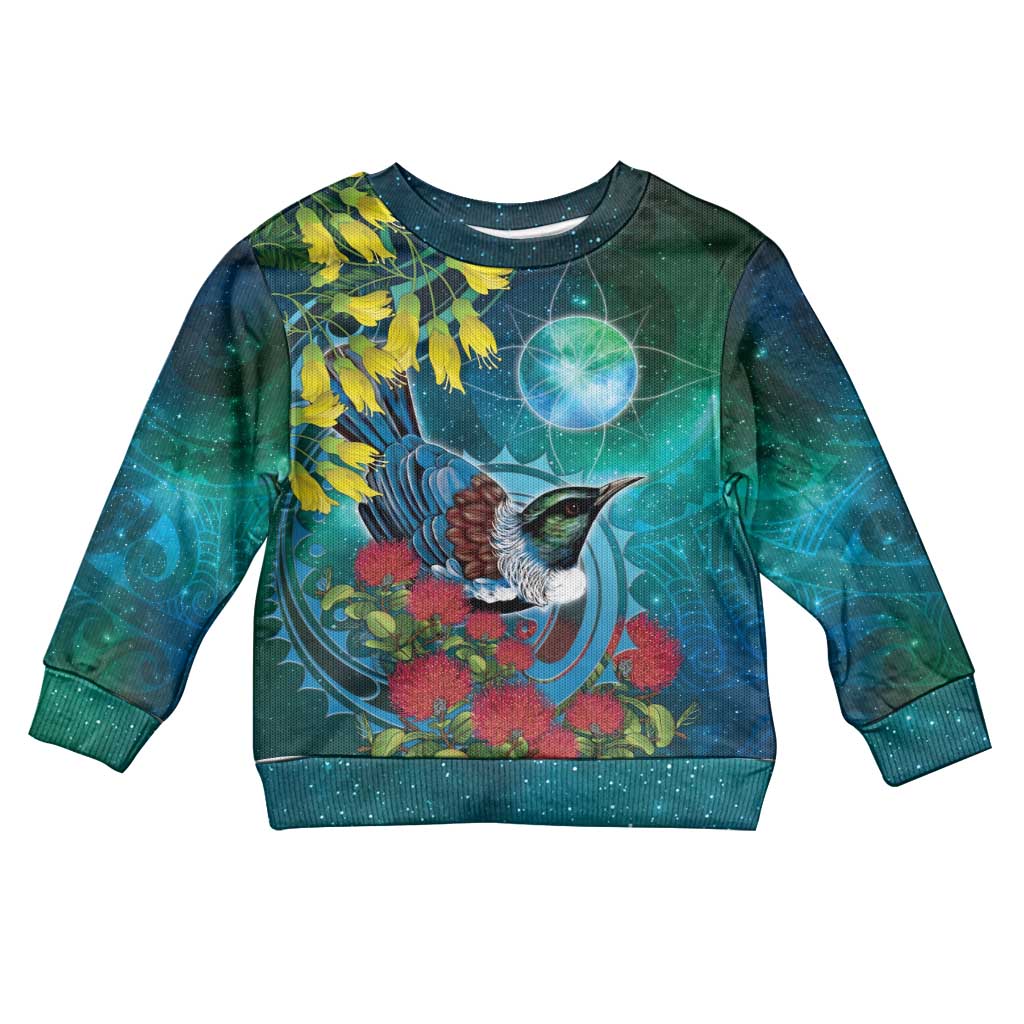 New Zealand Tui Bird Kid Ugly Christmas Sweater Maori Koru With Pohutukawa Galaxy Style LT05 Kid Blue - Polynesian Pride