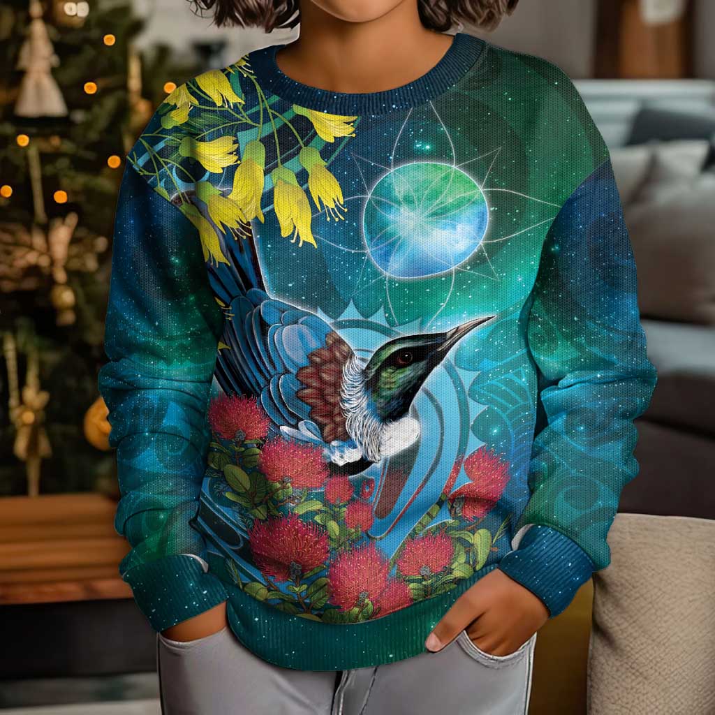 New Zealand Tui Bird Kid Ugly Christmas Sweater Maori Koru With Pohutukawa Galaxy Style LT05 - Polynesian Pride