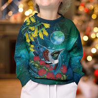 New Zealand Tui Bird Kid Ugly Christmas Sweater Maori Koru With Pohutukawa Galaxy Style LT05 - Polynesian Pride