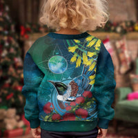 New Zealand Tui Bird Kid Ugly Christmas Sweater Maori Koru With Pohutukawa Galaxy Style LT05 - Polynesian Pride