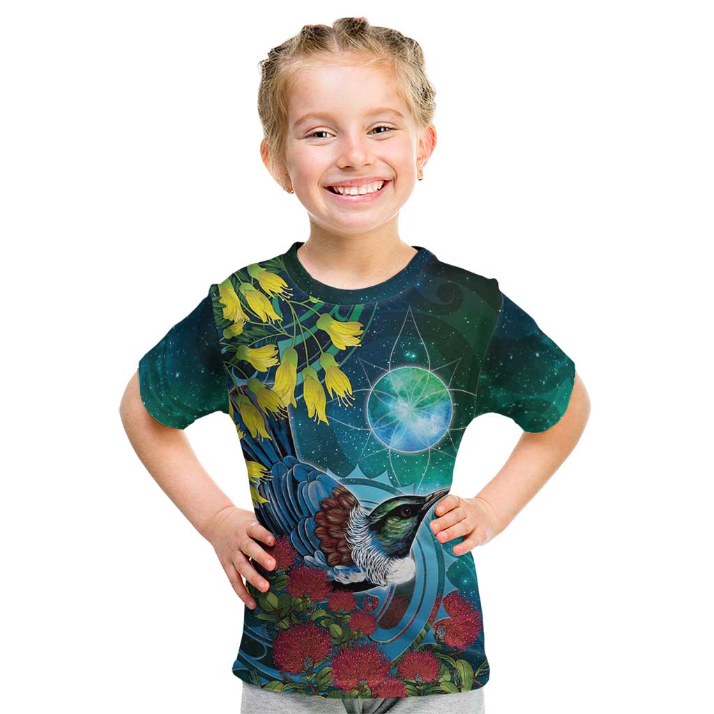 New Zealand Tui Bird Kid T Shirt Maori Koru With Pohutukawa Galaxy Style LT05 Blue - Polynesian Pride
