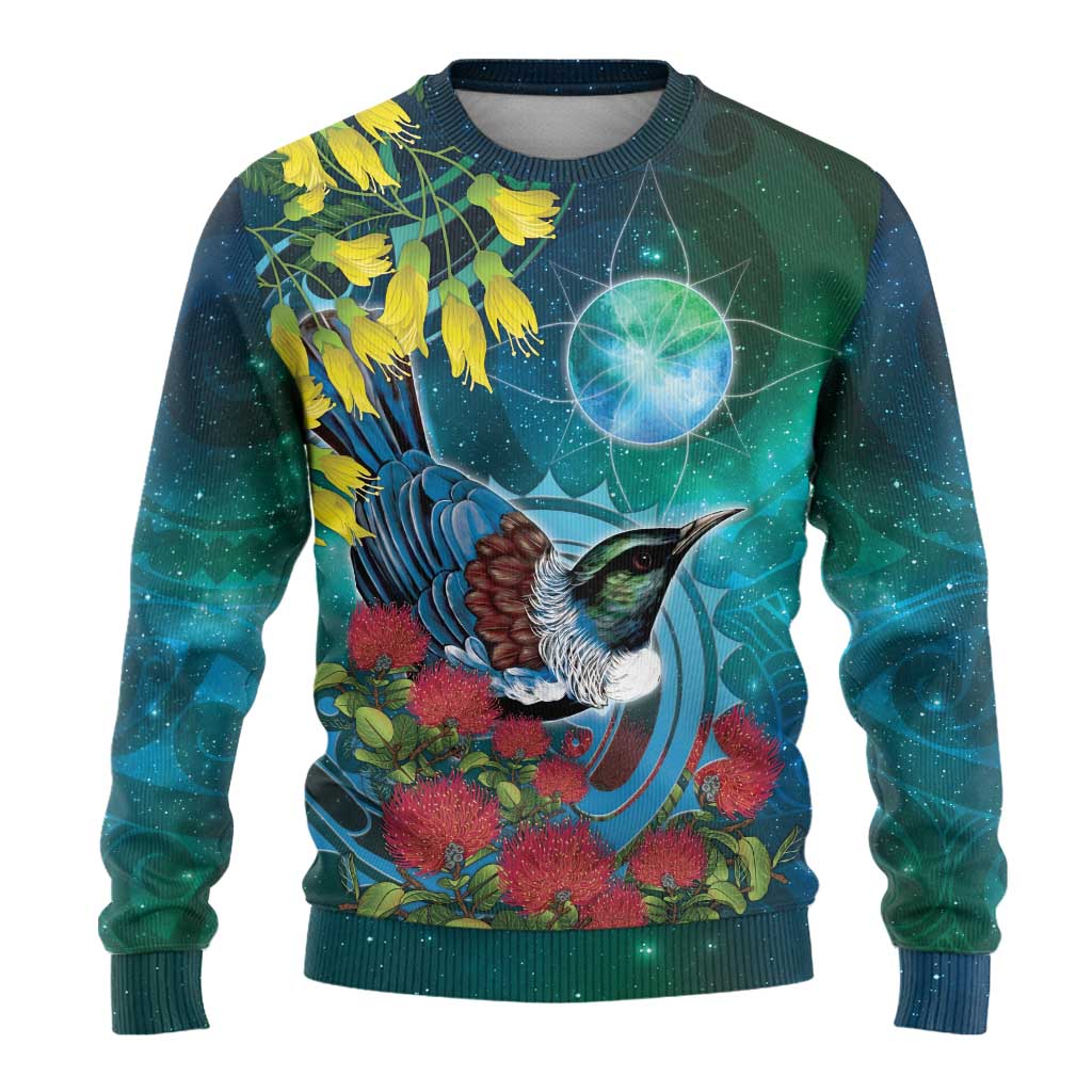 New Zealand Tui Bird Ugly Christmas Sweater Maori Koru With Pohutukawa Galaxy Style - Polynesian Pride