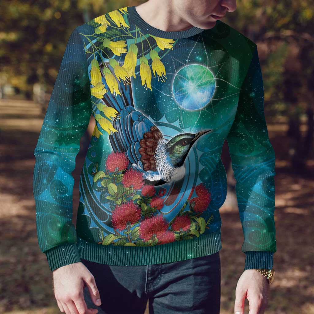 New Zealand Tui Bird Ugly Christmas Sweater Maori Koru With Pohutukawa Galaxy Style - Polynesian Pride