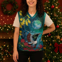 New Zealand Tui Bird Christmas Knitted V-Neck Vest Maori Koru With Pohutukawa Galaxy Style - Polynesian Pride