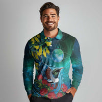 New Zealand Tui Bird Long Sleeve Polo Shirt Maori Koru With Pohutukawa Galaxy Style - Polynesian Pride