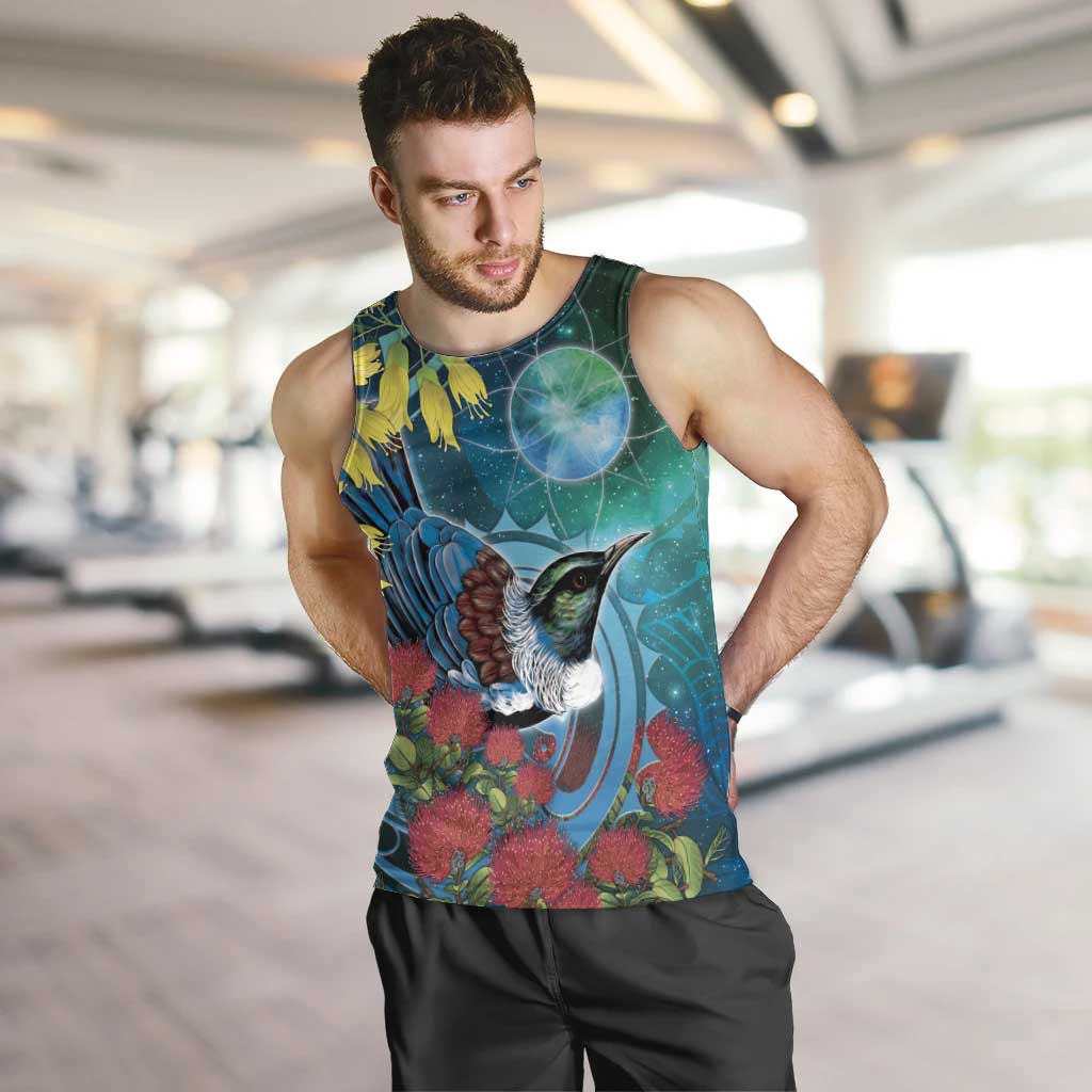 New Zealand Tui Bird Men Tank Top Maori Koru With Pohutukawa Galaxy Style - Polynesian Pride