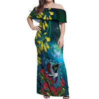 New Zealand Tui Bird Off Shoulder Maxi Dress Maori Koru With Pohutukawa Galaxy Style LT05 Women Blue - Polynesian Pride