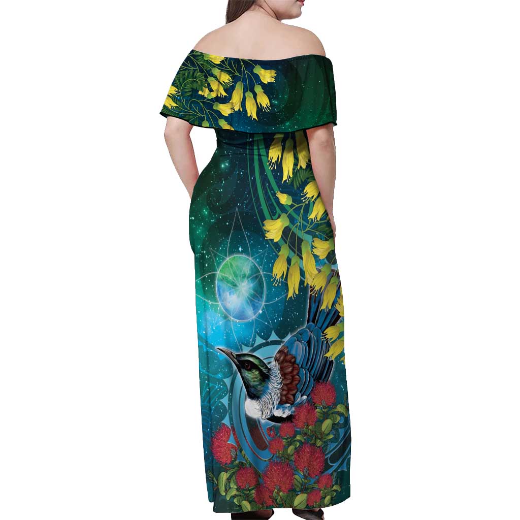 New Zealand Tui Bird Off Shoulder Maxi Dress Maori Koru With Pohutukawa Galaxy Style LT05 - Polynesian Pride