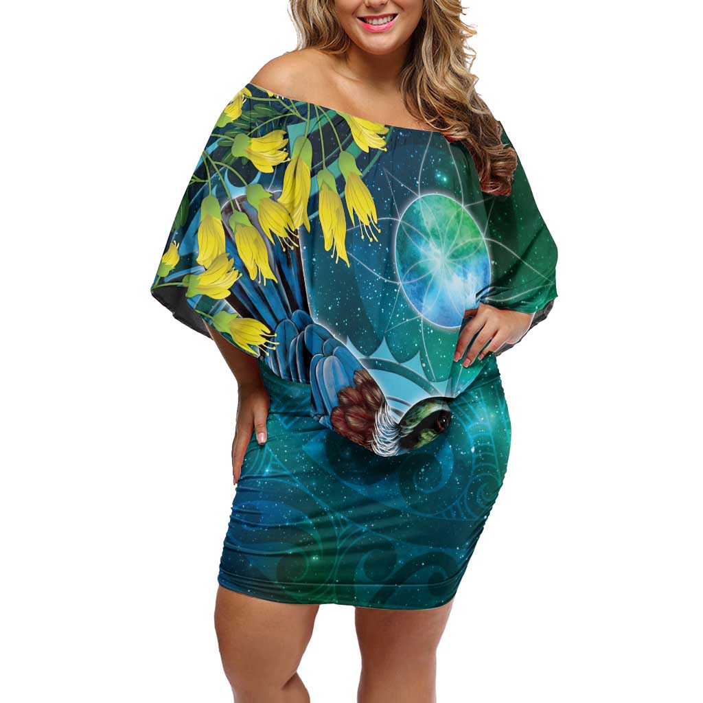 New Zealand Tui Bird Off Shoulder Short Dress Maori Koru With Pohutukawa Galaxy Style LT05 Women Blue - Polynesian Pride