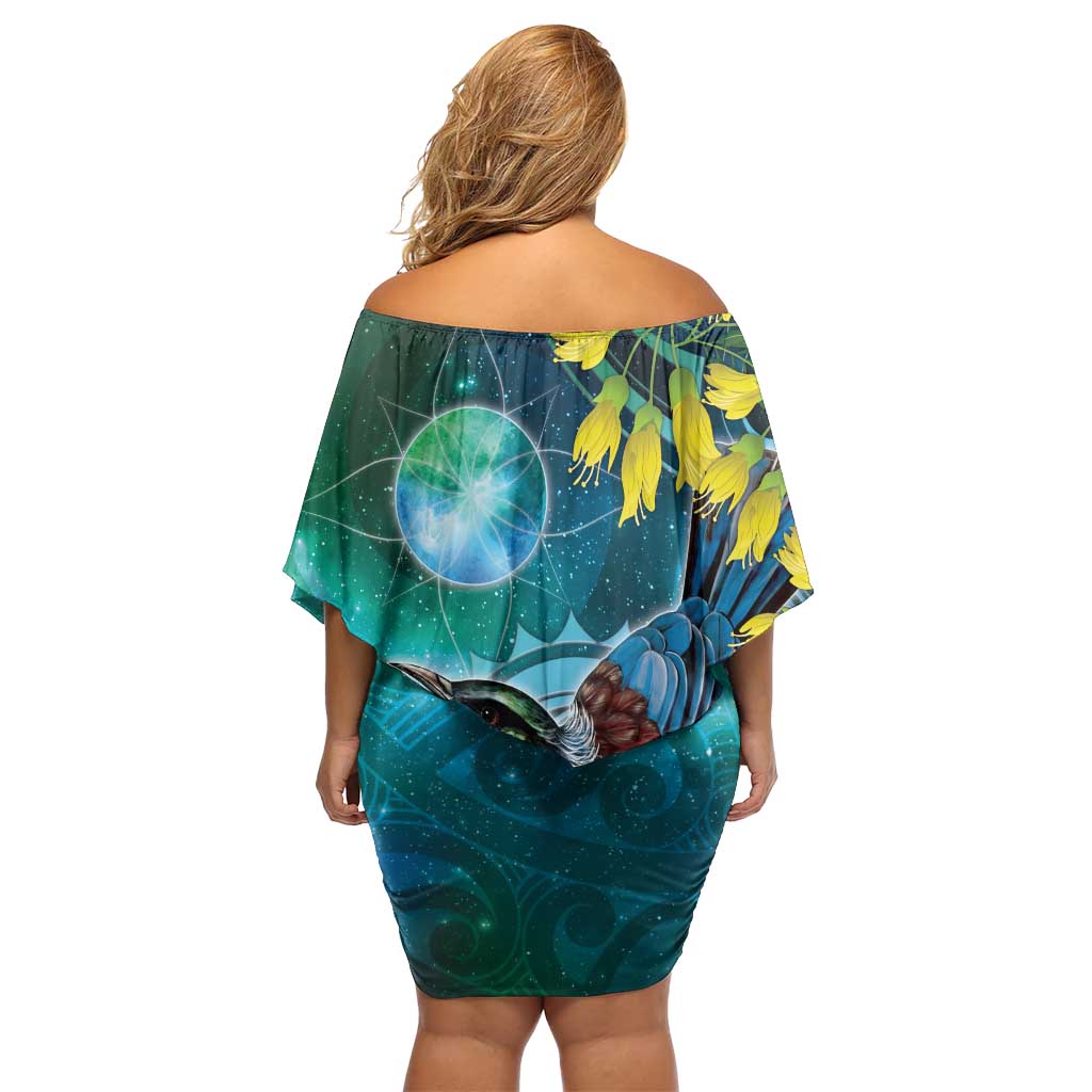 New Zealand Tui Bird Off Shoulder Short Dress Maori Koru With Pohutukawa Galaxy Style LT05 - Polynesian Pride
