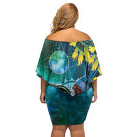 New Zealand Tui Bird Off Shoulder Short Dress Maori Koru With Pohutukawa Galaxy Style LT05 - Polynesian Pride