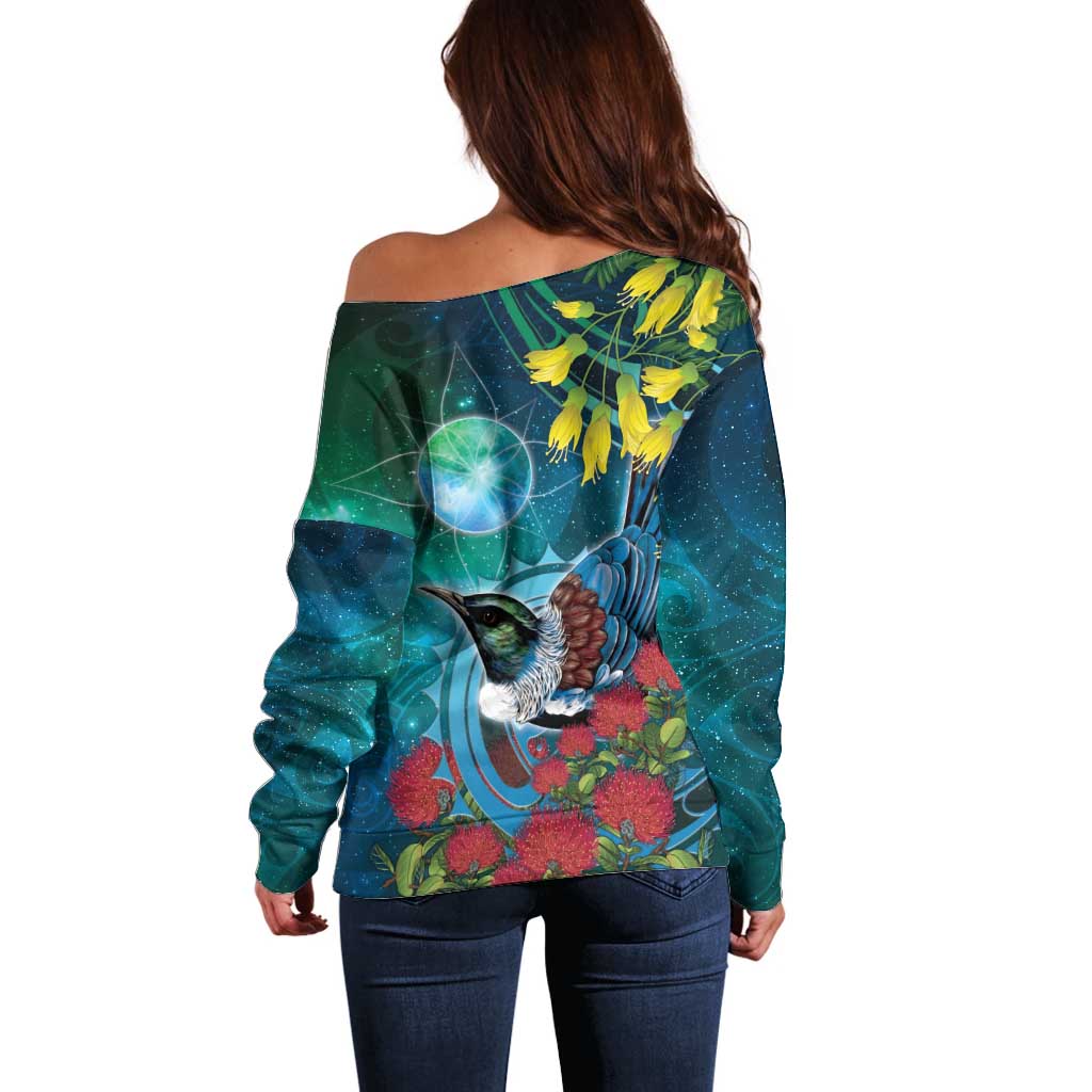 New Zealand Tui Bird Off Shoulder Sweater Maori Koru With Pohutukawa Galaxy Style LT05 - Polynesian Pride