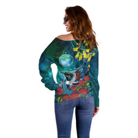 New Zealand Tui Bird Off Shoulder Sweater Maori Koru With Pohutukawa Galaxy Style LT05 - Polynesian Pride