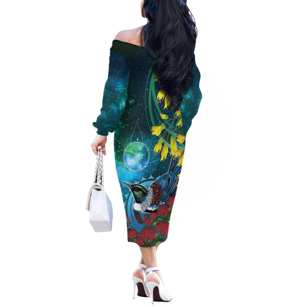 New Zealand Tui Bird Off The Shoulder Long Sleeve Dress Maori Koru With Pohutukawa Galaxy Style LT05 - Polynesian Pride
