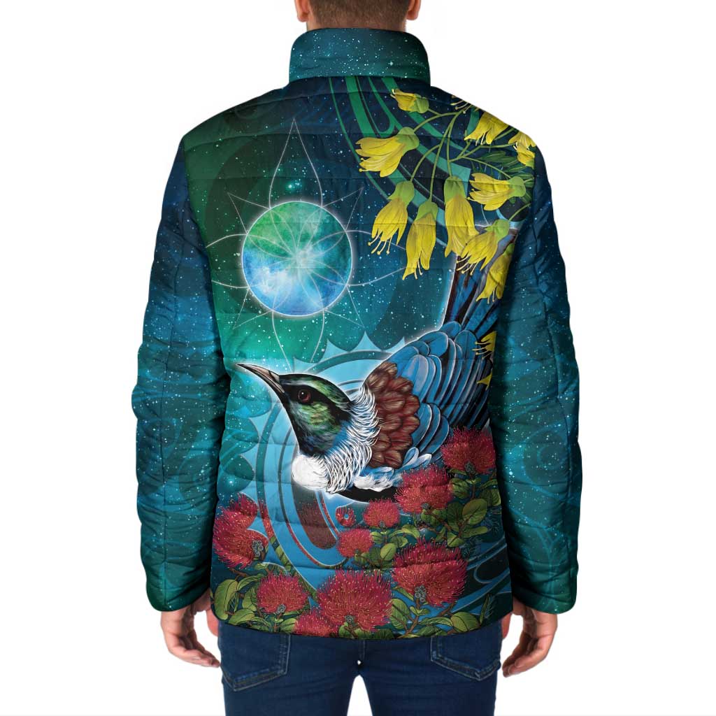 New Zealand Tui Bird Padded Jacket Maori Koru With Pohutukawa Galaxy Style - Polynesian Pride