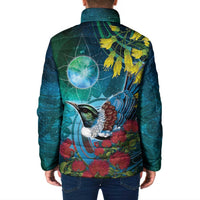 New Zealand Tui Bird Padded Jacket Maori Koru With Pohutukawa Galaxy Style - Polynesian Pride