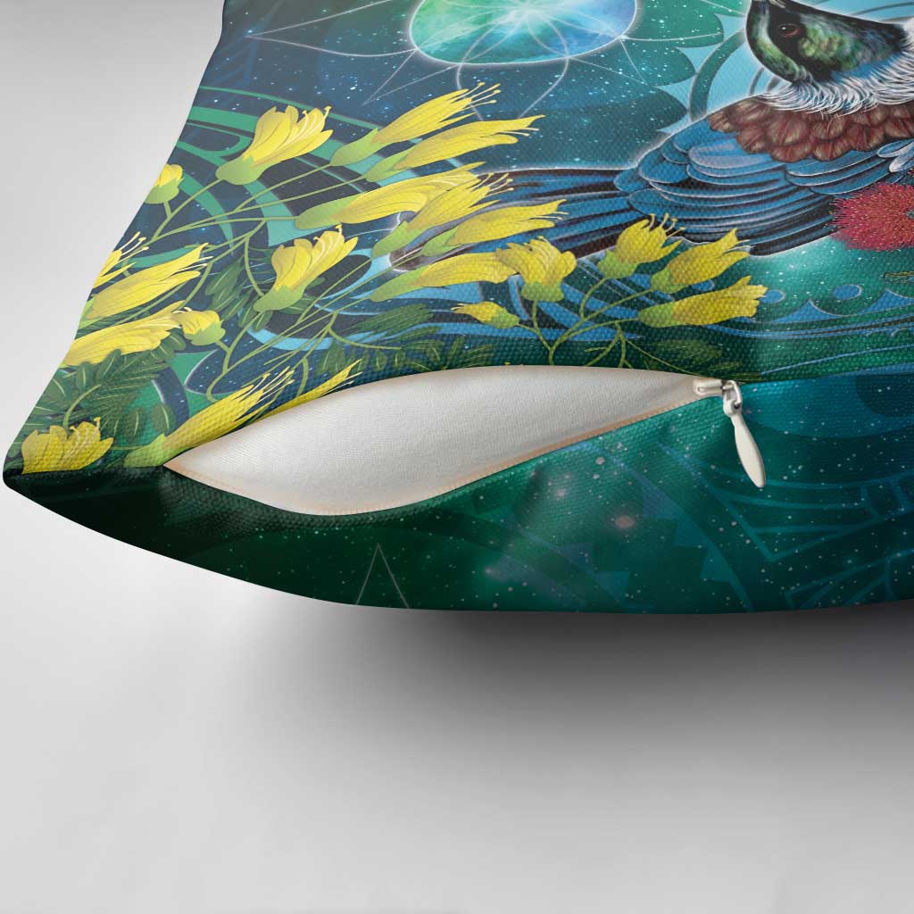 New Zealand Tui Bird Pillow Cover Maori Koru With Pohutukawa Galaxy Style - Polynesian Pride