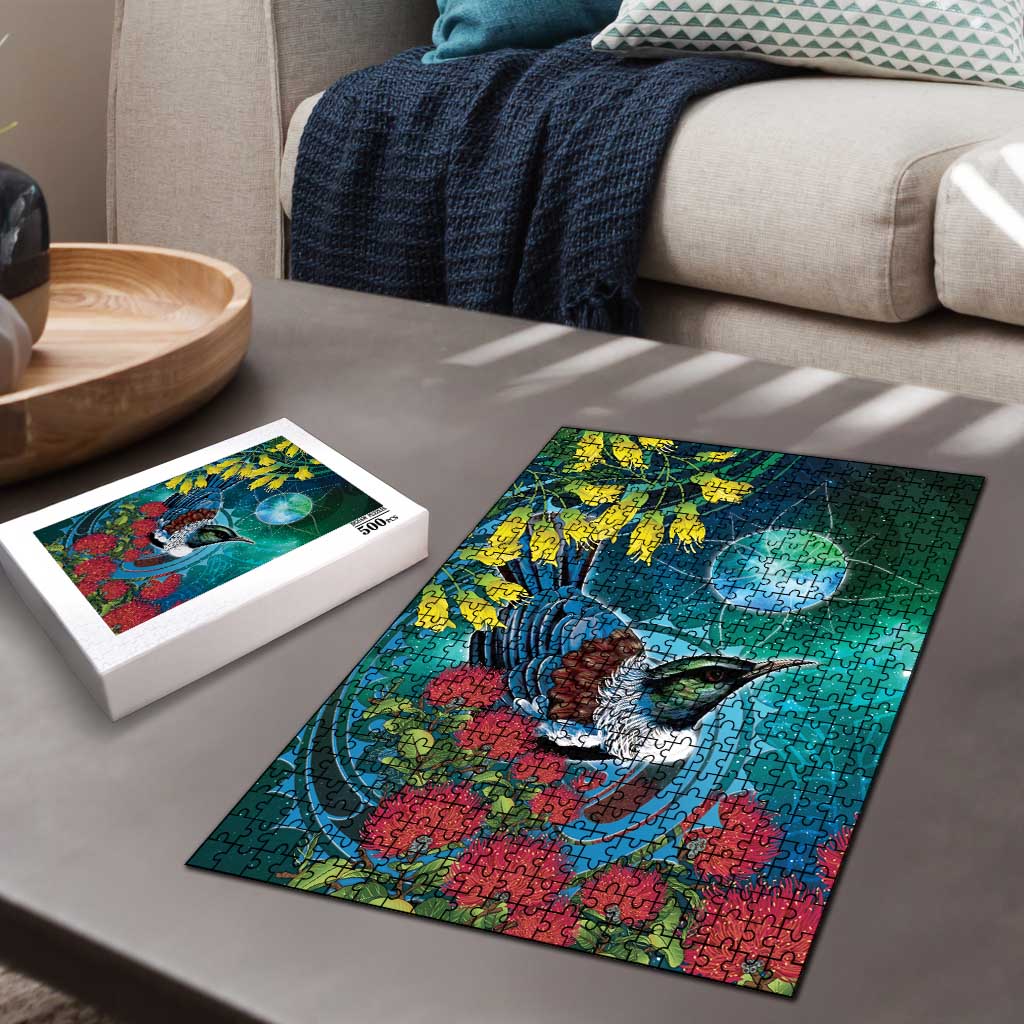 New Zealand Tui Bird Puzzle Maori Koru With Pohutukawa Galaxy Style - Polynesian Pride