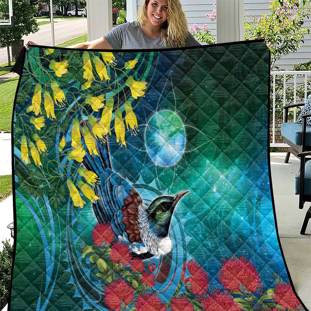 New Zealand Tui Bird Quilt Maori Koru With Pohutukawa Galaxy Style - Polynesian Pride