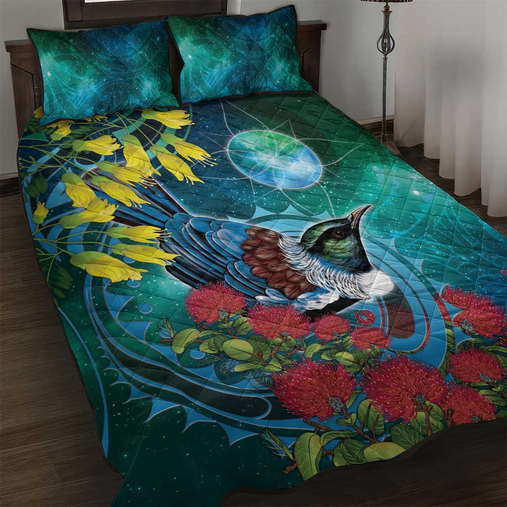 New Zealand Tui Bird Quilt Bed Set Maori Koru With Pohutukawa Galaxy Style - Polynesian Pride