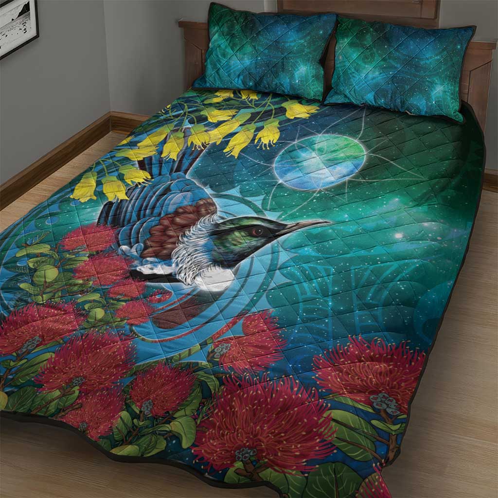 New Zealand Tui Bird Quilt Bed Set Maori Koru With Pohutukawa Galaxy Style - Polynesian Pride