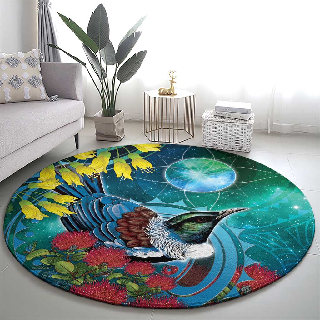 New Zealand Tui Bird Round Carpet Maori Koru With Pohutukawa Galaxy Style - Polynesian Pride
