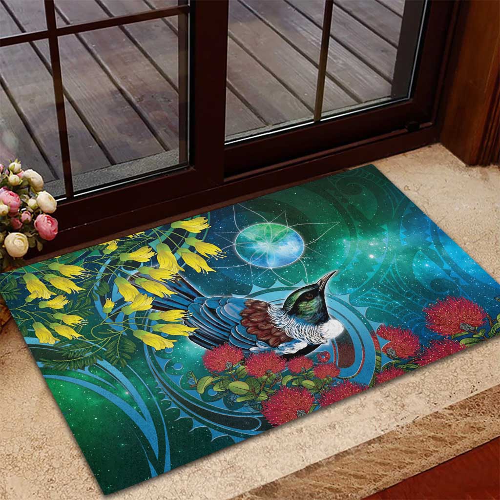 New Zealand Tui Bird Rubber Doormat Maori Koru With Pohutukawa Galaxy Style - Polynesian Pride
