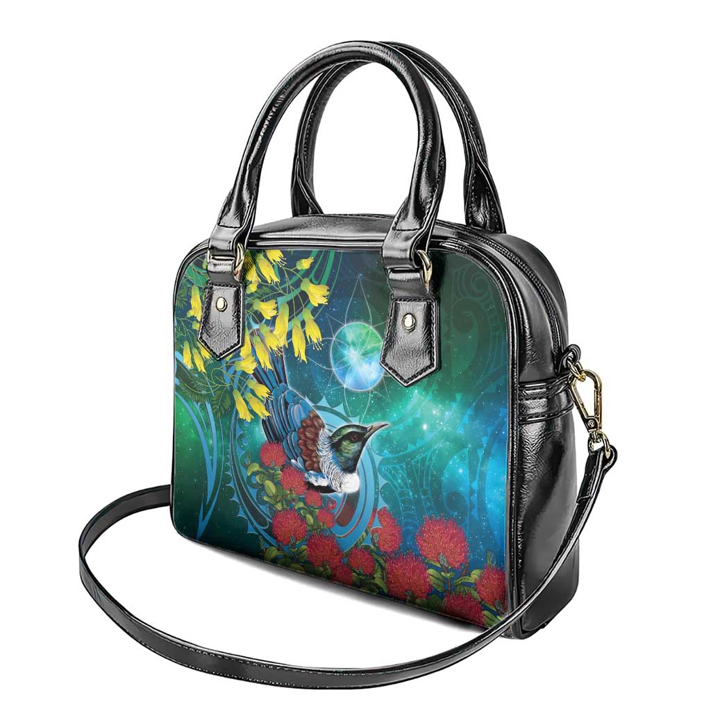 New Zealand Tui Bird Shoulder Handbag Maori Koru With Pohutukawa Galaxy Style - Polynesian Pride