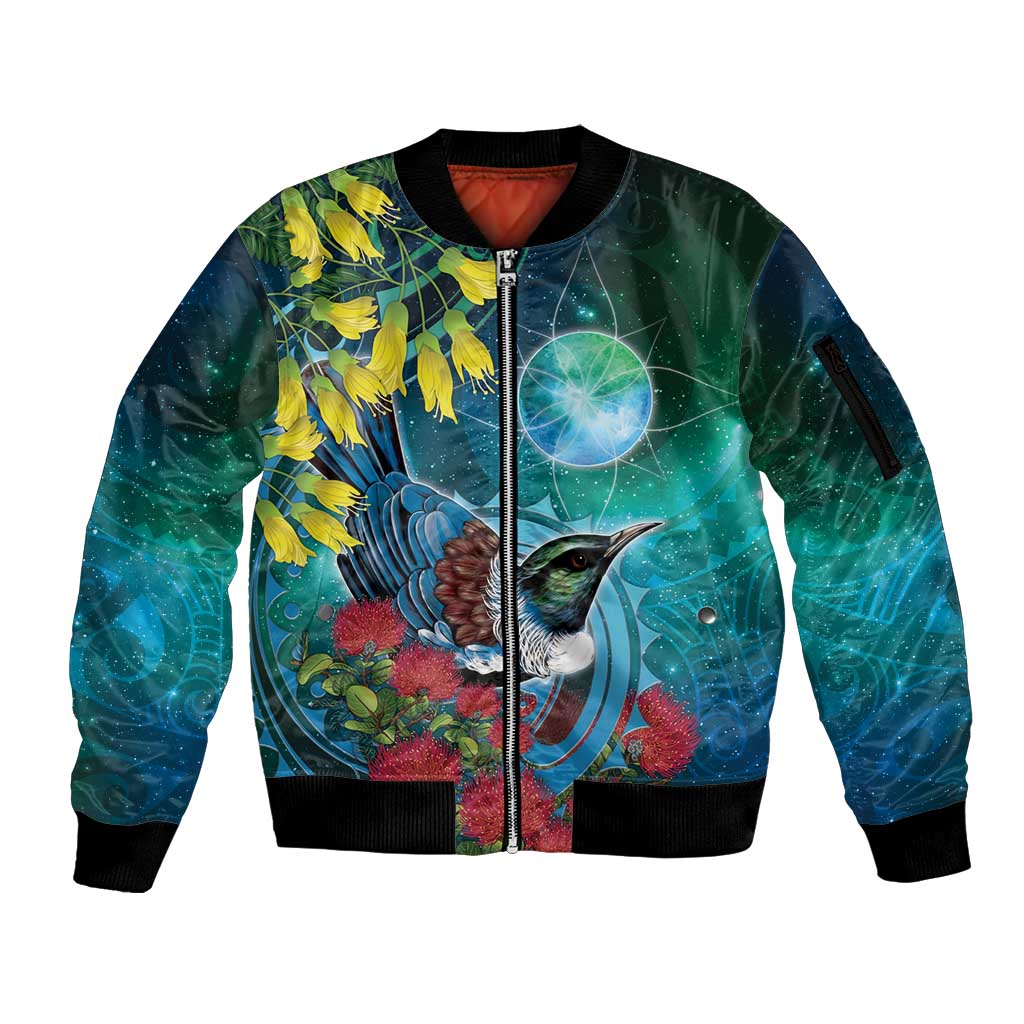 New Zealand Tui Bird Sleeve Zip Bomber Jacket Maori Koru With Pohutukawa Galaxy Style LT05 Unisex Blue - Polynesian Pride
