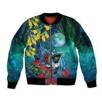 New Zealand Tui Bird Sleeve Zip Bomber Jacket Maori Koru With Pohutukawa Galaxy Style LT05 Unisex Blue - Polynesian Pride