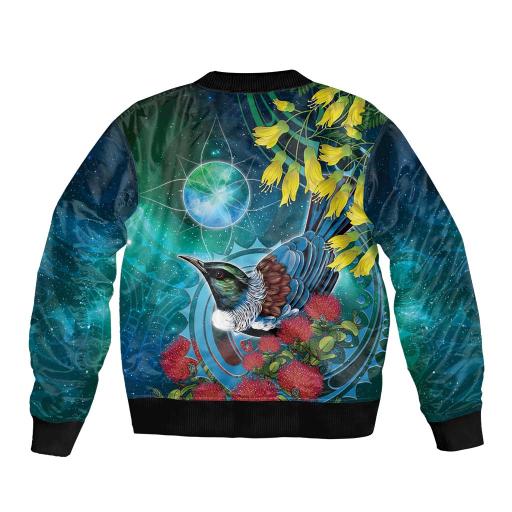 New Zealand Tui Bird Sleeve Zip Bomber Jacket Maori Koru With Pohutukawa Galaxy Style LT05 - Polynesian Pride