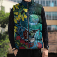 New Zealand Tui Bird Sleeveless Puffer Jacket Maori Koru With Pohutukawa Galaxy Style - Polynesian Pride