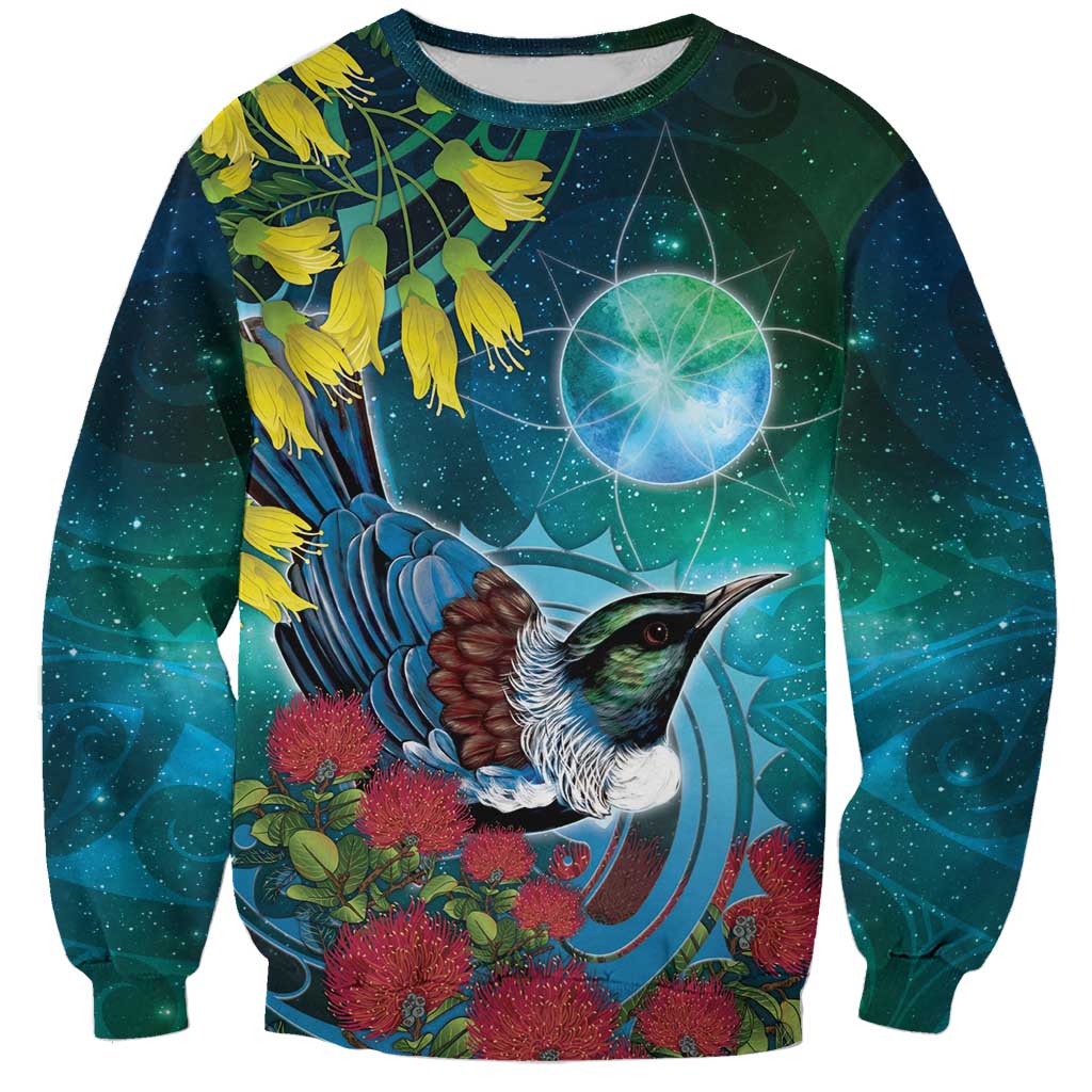 New Zealand Tui Bird Sweatshirt Maori Koru With Pohutukawa Galaxy Style LT05 Unisex Blue - Polynesian Pride