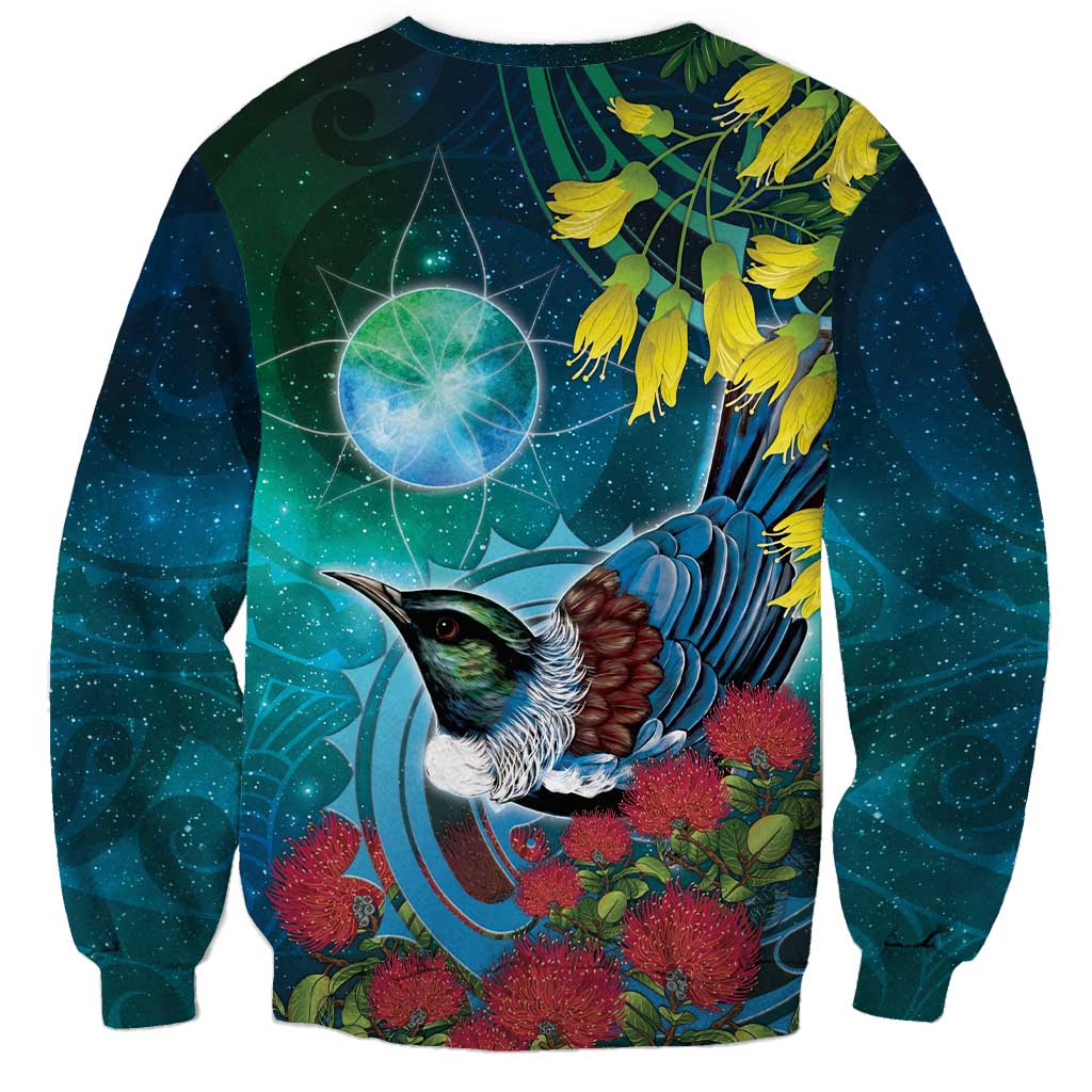 New Zealand Tui Bird Sweatshirt Maori Koru With Pohutukawa Galaxy Style LT05 - Polynesian Pride