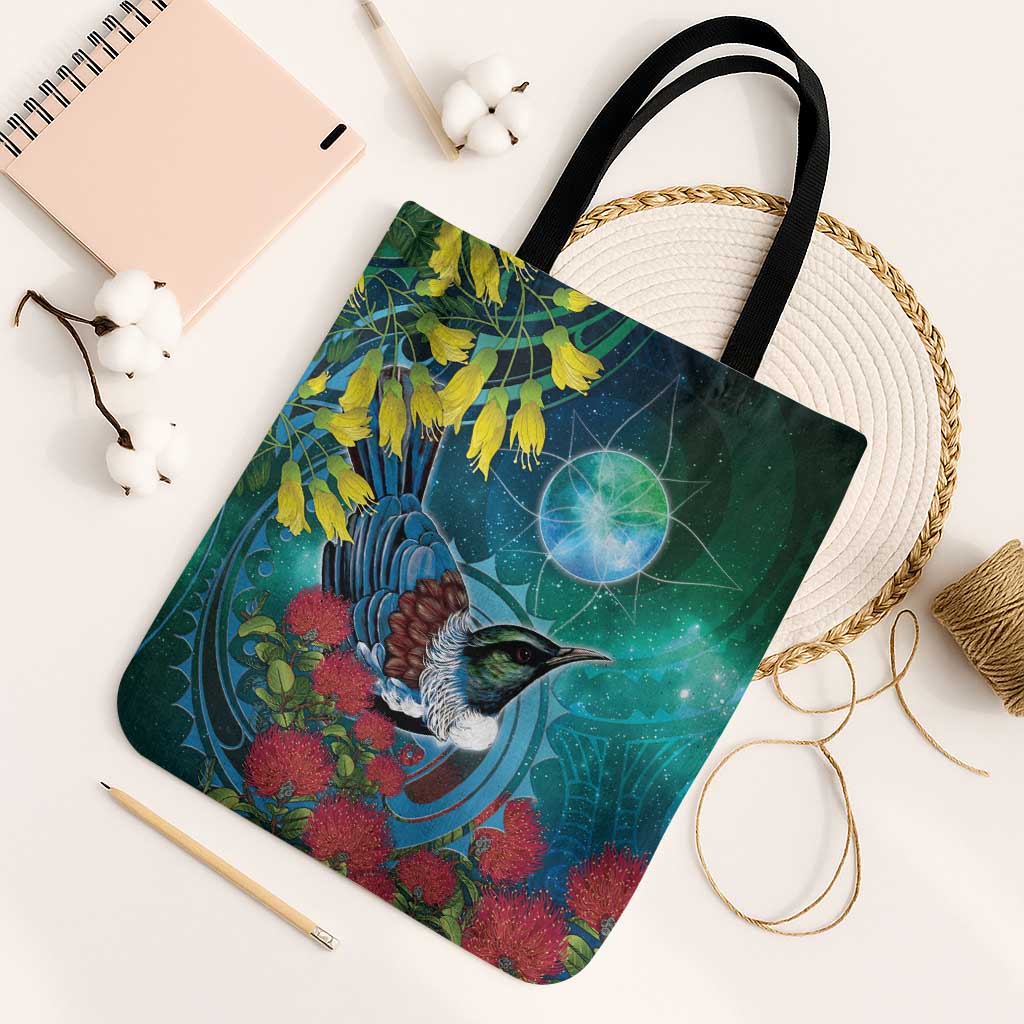 New Zealand Tui Bird Tote Bag Maori Koru With Pohutukawa Galaxy Style - Polynesian Pride
