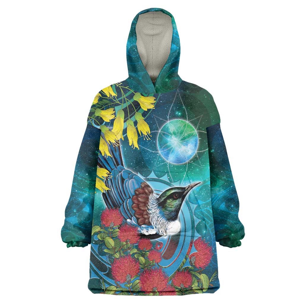 New Zealand Tui Bird Wearable Blanket Hoodie Maori Koru With Pohutukawa Galaxy Style - Polynesian Pride
