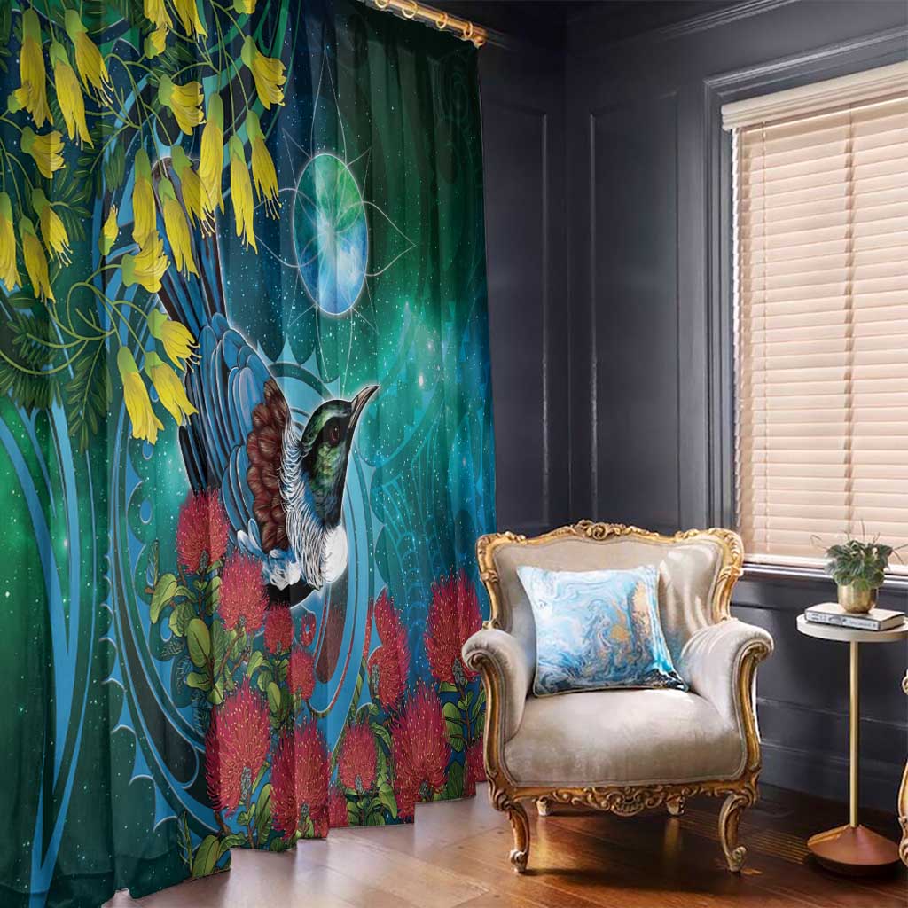 New Zealand Tui Bird Window Curtain Maori Koru With Pohutukawa Galaxy Style - Polynesian Pride