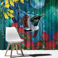 New Zealand Tui Bird Window Curtain Maori Koru With Pohutukawa Galaxy Style - Polynesian Pride